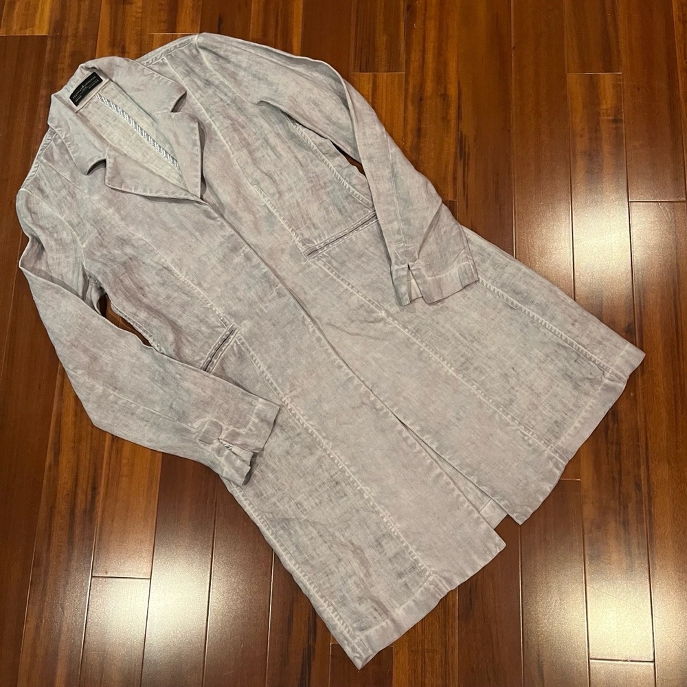 Peruvian Connection Linen Trench Coat Light Gray Long‎ Sleeve Jacket Size 8